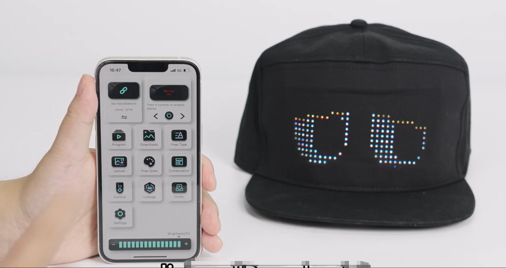 Animated LED Matrix Display Cap  with Dynamic Lighting Effects Customizable Messages for Personalized Style High-Resolution Full-Color Screen Smart App Control