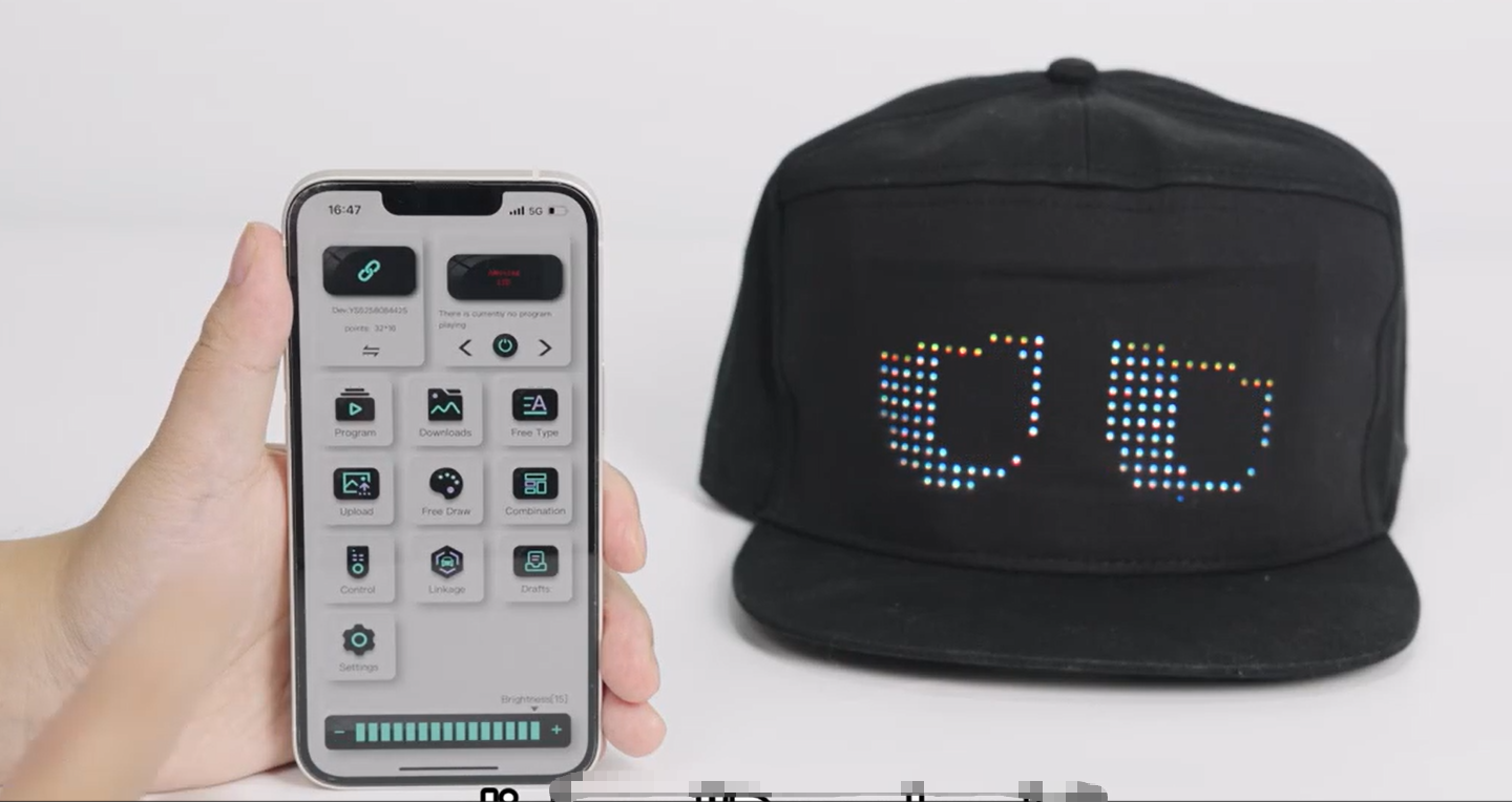 Animated LED Matrix Display Cap  with Dynamic Lighting Effects Customizable Messages for Personalized Style High-Resolution Full-Color Screen Smart App Control