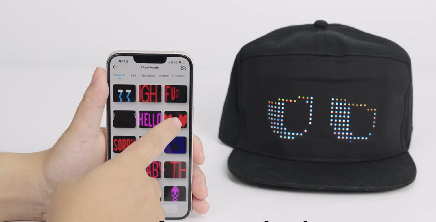 Animated LED Matrix Display Cap  with Dynamic Lighting Effects Customizable Messages for Personalized Style High-Resolution Full-Color Screen Smart App Control