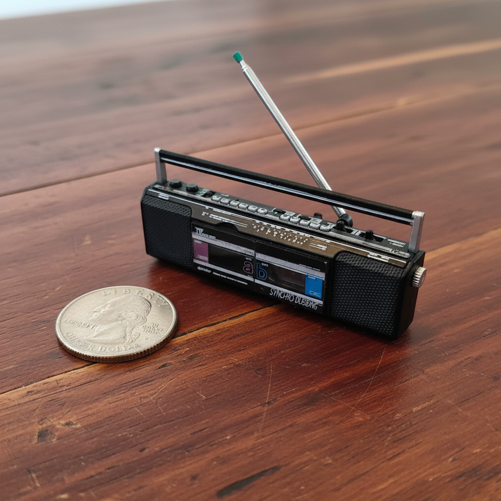 Dollhouse Miniature Vintage 1980s Japanese Victor (JVC) Dual Cassette Stereo Boombox with Fold-Down Antenna and Cassette 1:12 scale