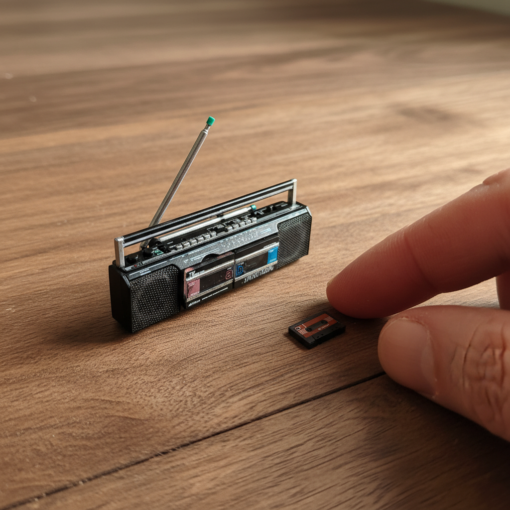 Dollhouse Miniature Vintage 1980s Japanese Victor (JVC) Dual Cassette Stereo Boombox with Fold-Down Antenna and Cassette 1:12 scale