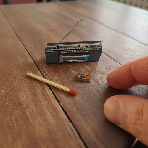 Dollhouse Miniature Vintage 1980s Japanese Victor (JVC) Dual Cassette Stereo Boombox with Fold-Down Antenna and Cassette 1:12 scale