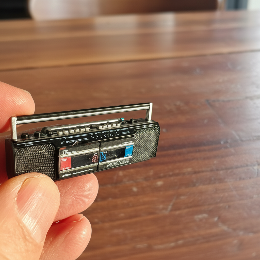 Dollhouse Miniature Vintage 1980s Japanese Victor (JVC) Dual Cassette Stereo Boombox with Fold-Down Antenna and Cassette 1:12 scale