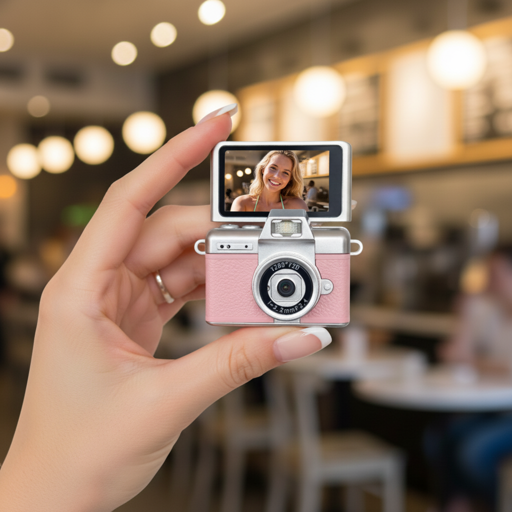 Mini Digital Selfie Camera with Flip Screen 1080P HD, Retro Keychain Camera
