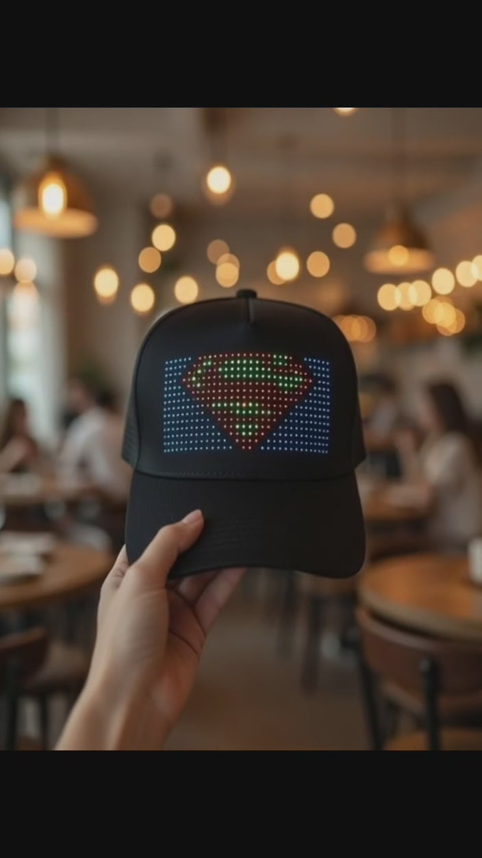 Animated LED Matrix Display Cap  with Dynamic Lighting Effects Customizable Messages for Personalized Style High-Resolution Full-Color Screen Smart App Control