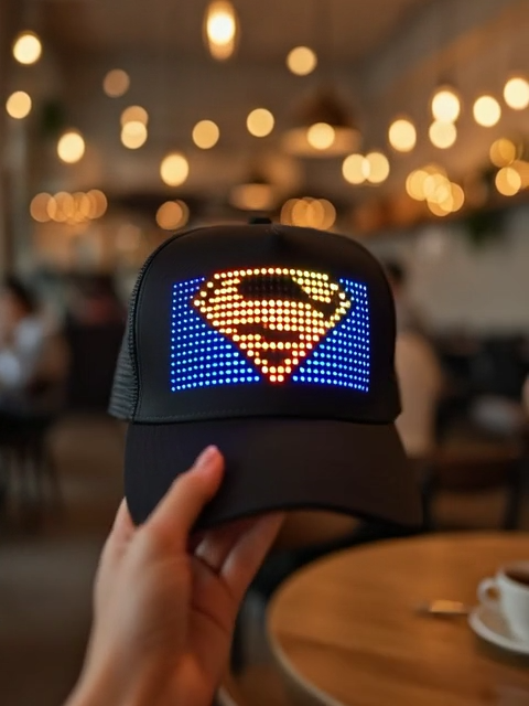 Animated LED Matrix Display Cap  with Dynamic Lighting Effects Customizable Messages for Personalized Style High-Resolution Full-Color Screen Smart App Control