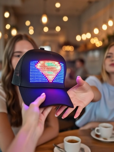 Animated LED Matrix Display Cap  with Dynamic Lighting Effects Customizable Messages for Personalized Style High-Resolution Full-Color Screen Smart App Control